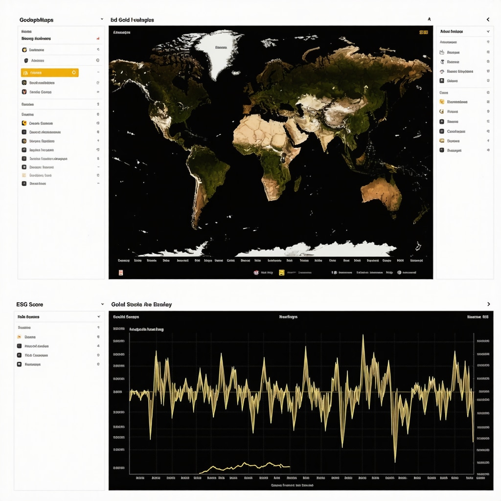 Futuristic dashboard showing AI analytics, geopolitical risk heatmaps, and ESG scores related to gold stocks