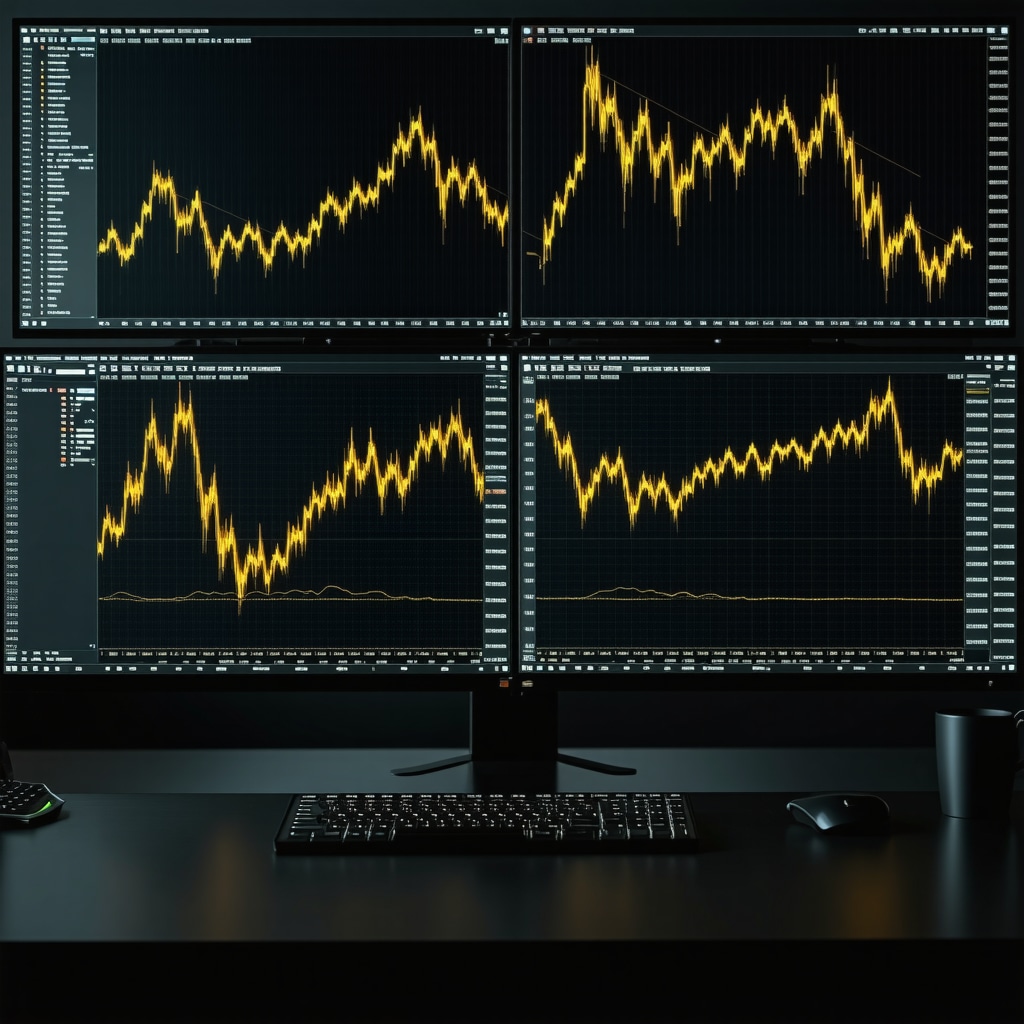Trading workstation showing gold futures price charts and AI-based sentiment and volatility indicators
