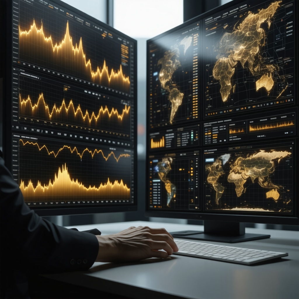 Futuristic dashboard showing AI analytics, satellite mining images, and ESG charts for gold price forecasting
