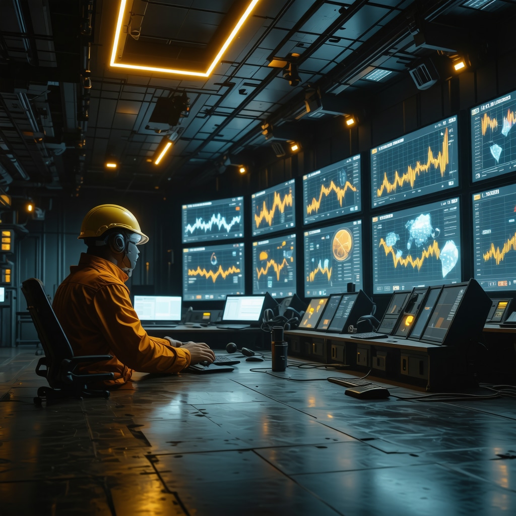Futuristic gold mining control room showcasing AI analytics and ESG compliance charts