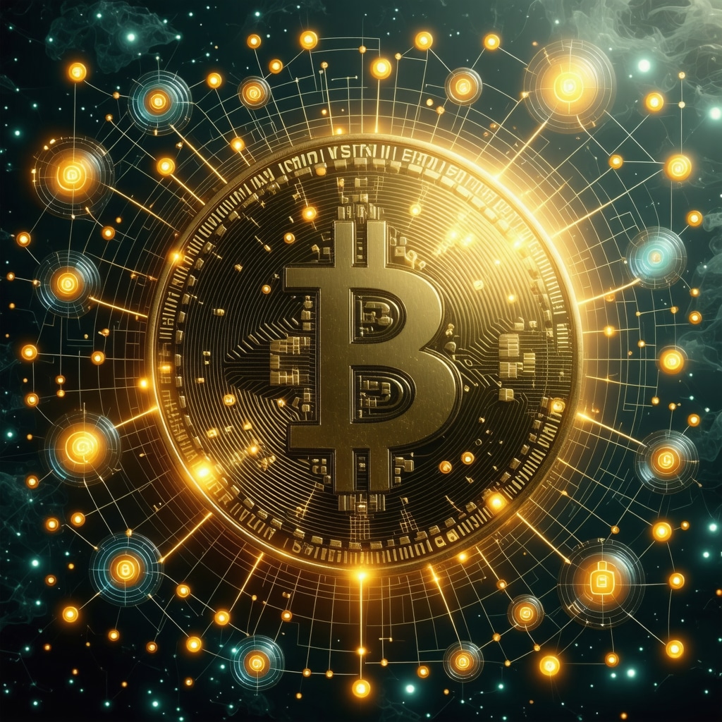 Digital golden coin with AI data streams and blockchain nodes representing advanced gold hedging technologies