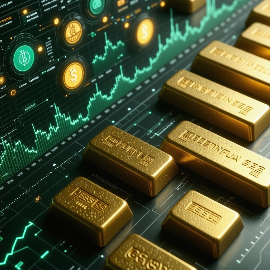 Digital interface showing AI algorithms analyzing gold prices with ESG icons and gold bars