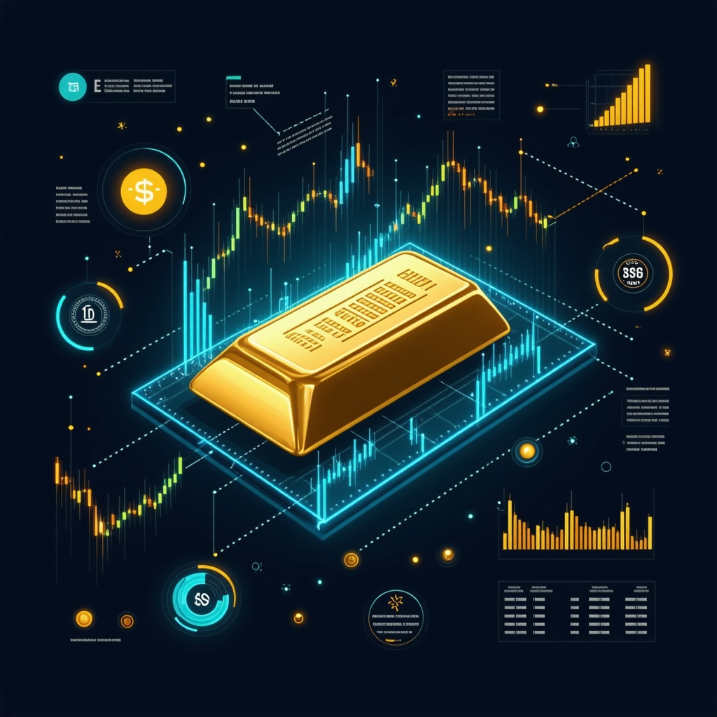 Digital interface showing AI analysis of gold price trends alongside ESG metrics and financial charts