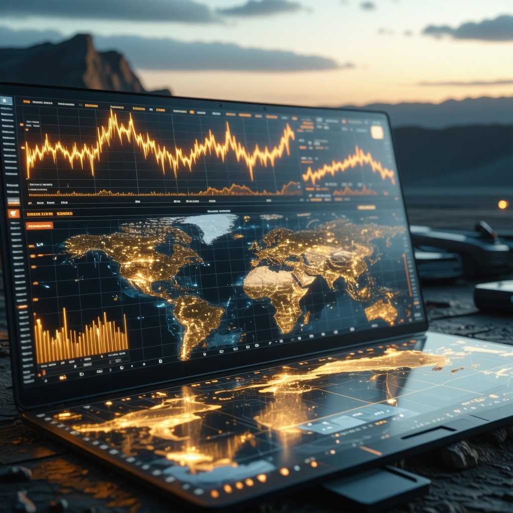 Futuristic dashboard showing AI analytics and geopolitical risk maps for gold mining investments
