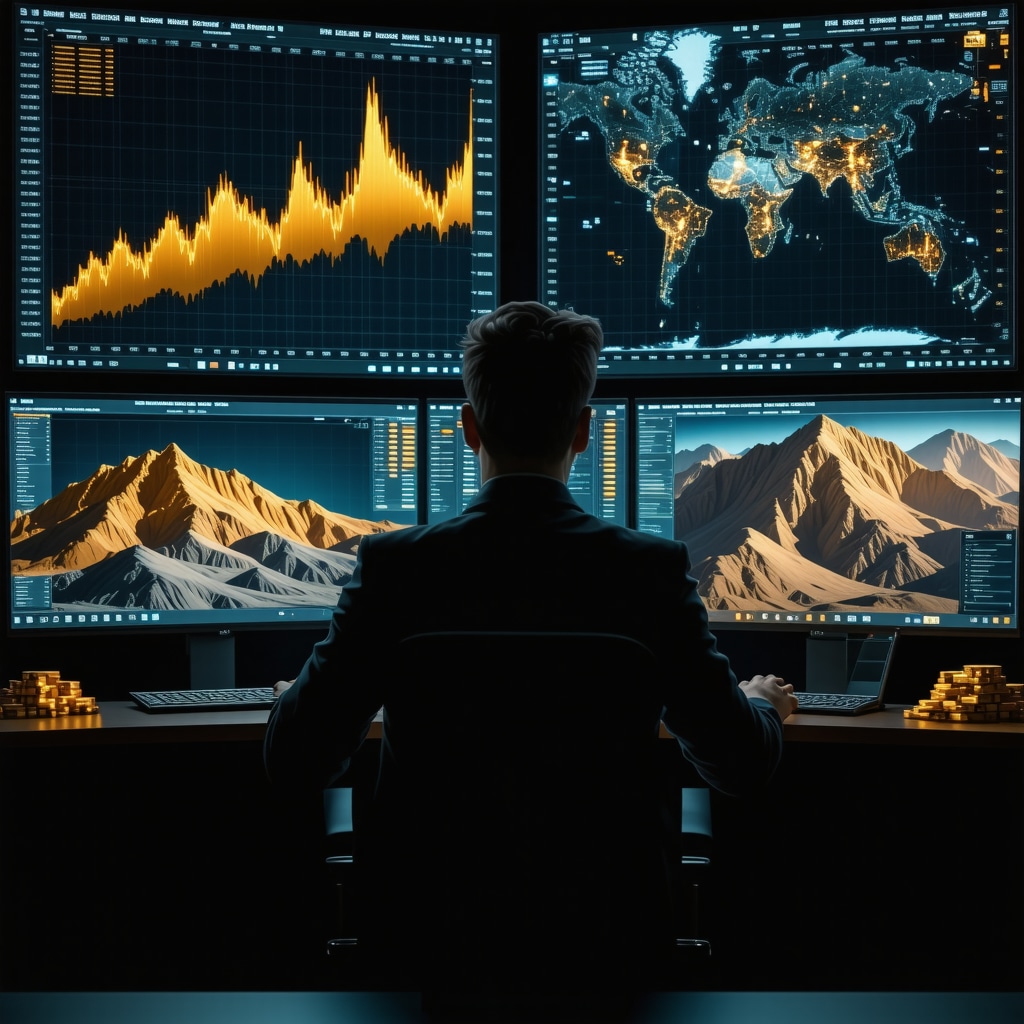 Financial analyst reviewing AI dashboards with gold stock and ESG data