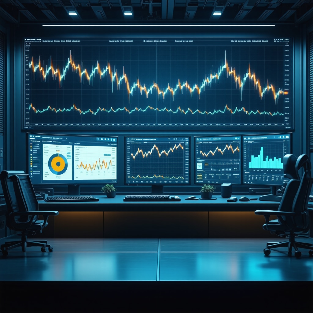 Futuristic trading desk with AI analytics and gold futures market data