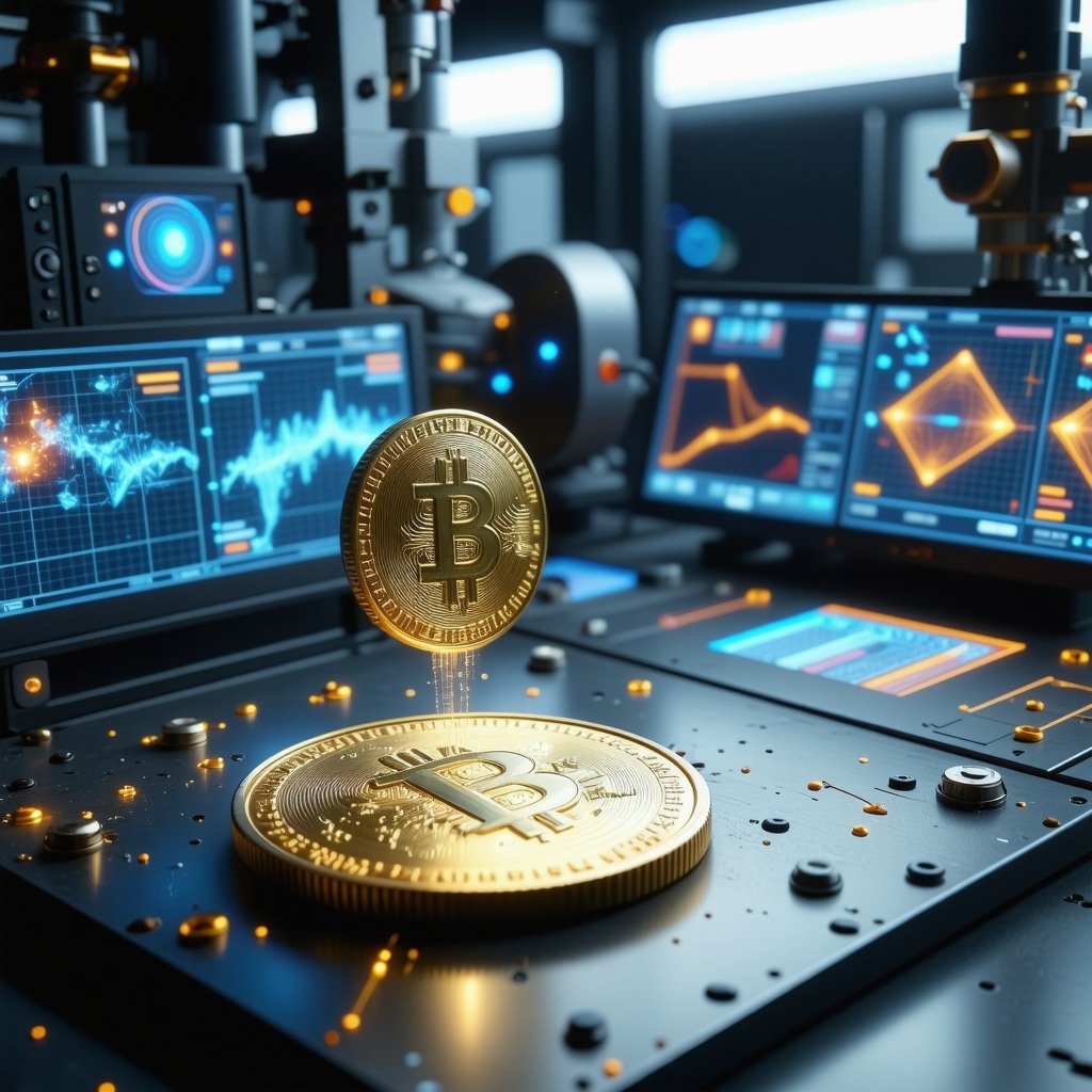 Gold coin undergoing analysis with AI imaging and quantum sensor technology in a high-tech lab