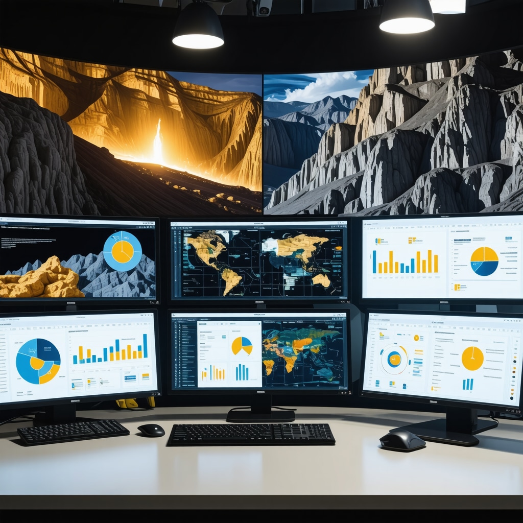 High-tech control room with satellite imagery and ESG analytics for gold mining stocks