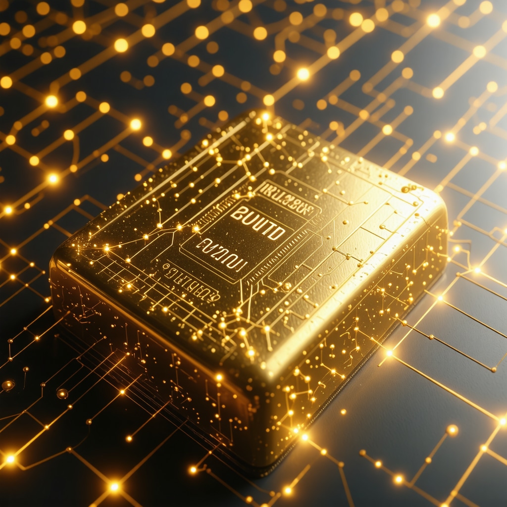 Futuristic gold bar with digital blockchain overlay and RFID tags symbolizing secure gold authentication