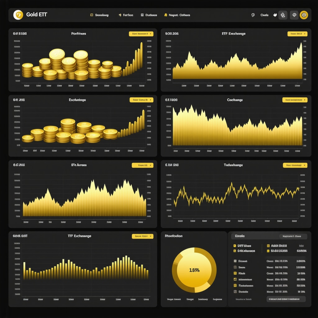 Financial dashboard showing gold ETF prices, currency exchange rates, and portfolio allocation charts