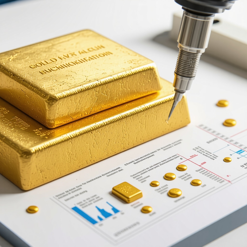 Gold bars being authenticated using X-ray fluorescence spectroscopy with blockchain data visualization overlay