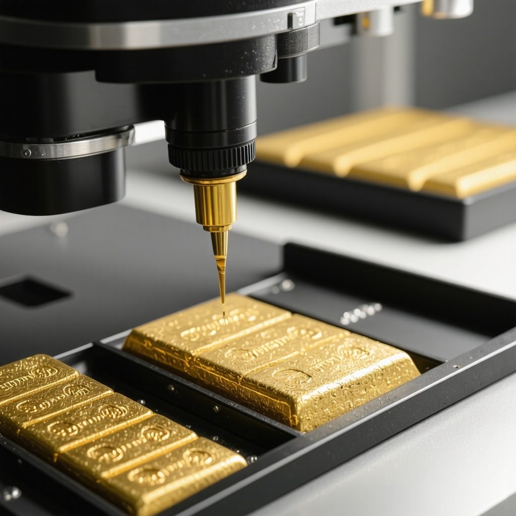 XRF analyzer testing gold bars and coins with blockchain verification graphics overlay