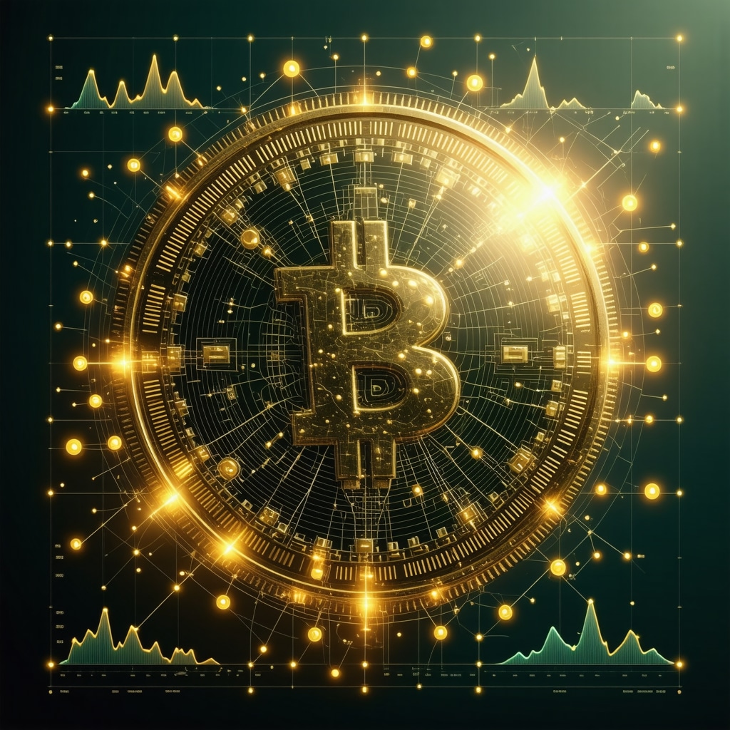 Gold coin with blockchain network and XRF spectroscopy data overlay