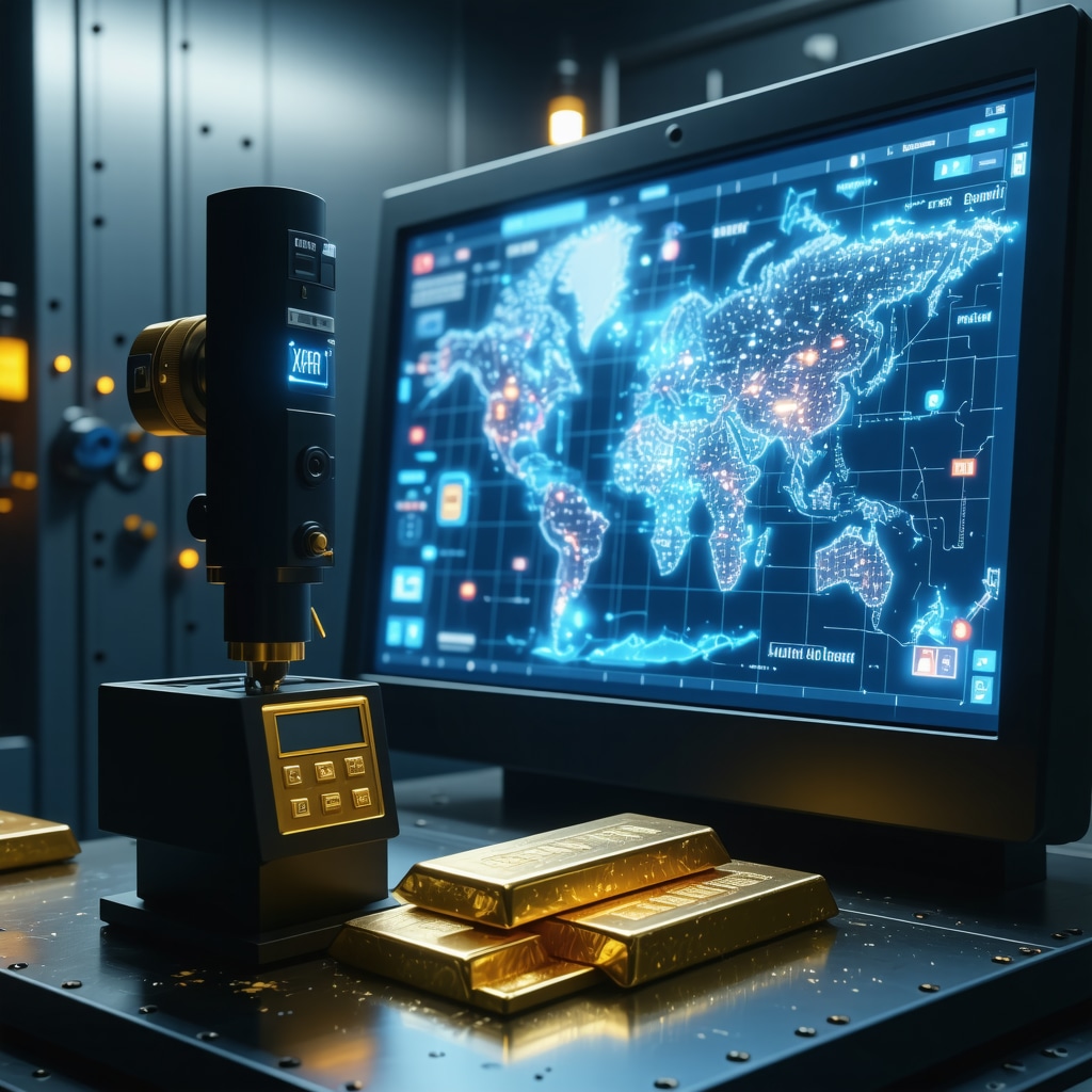 XRF analyzer verifying gold bars with blockchain provenance display and secure vault background