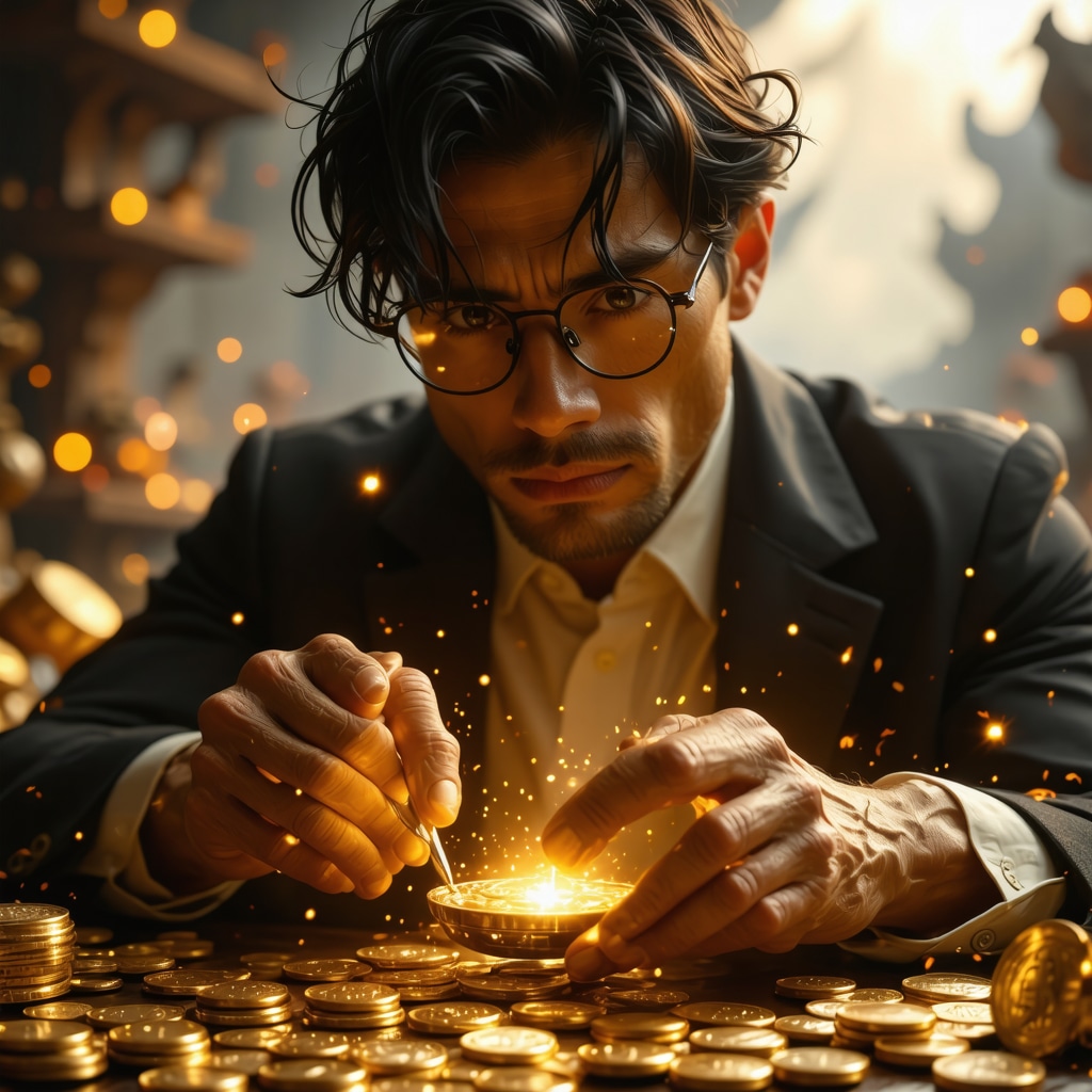 Investor using XRF analyzer and blockchain interface for gold coin authentication