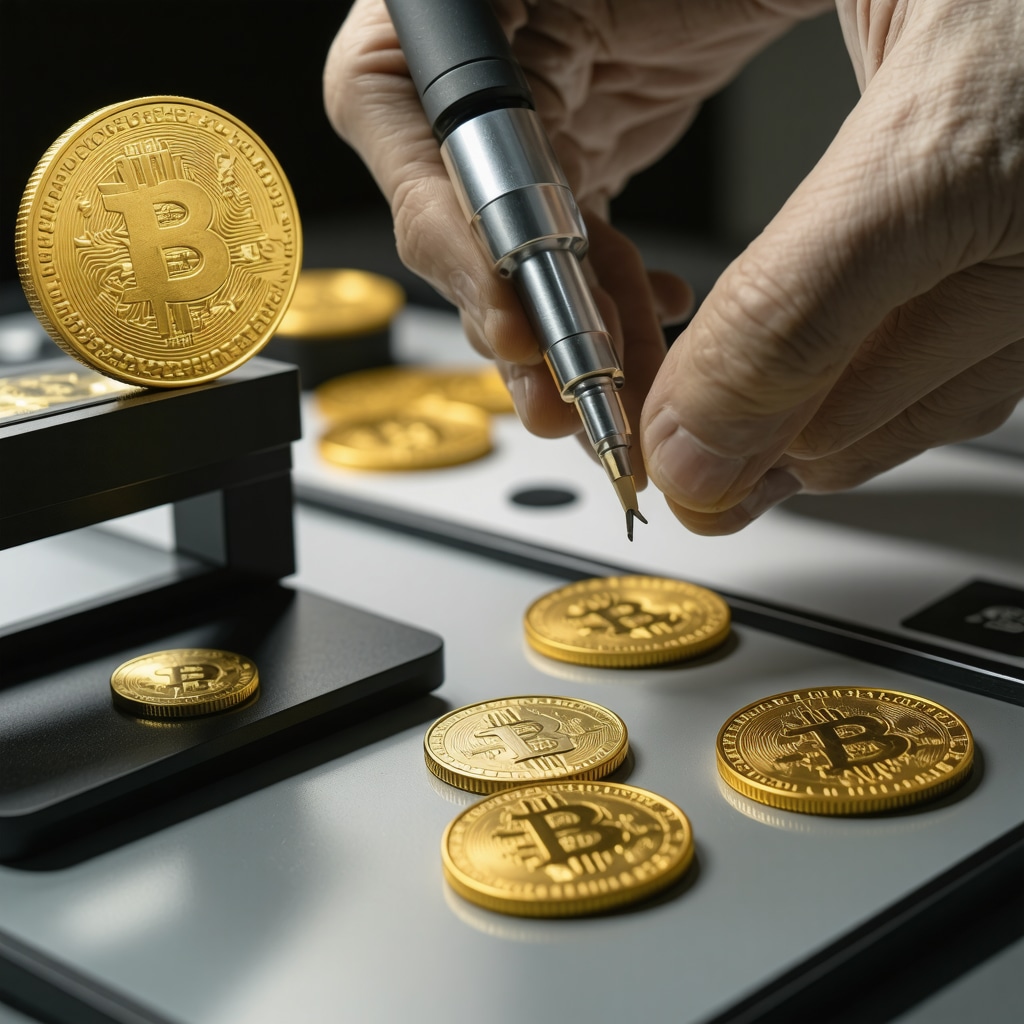 XRF analyzer and blockchain certificates used for verifying gold coin authenticity in a professional lab