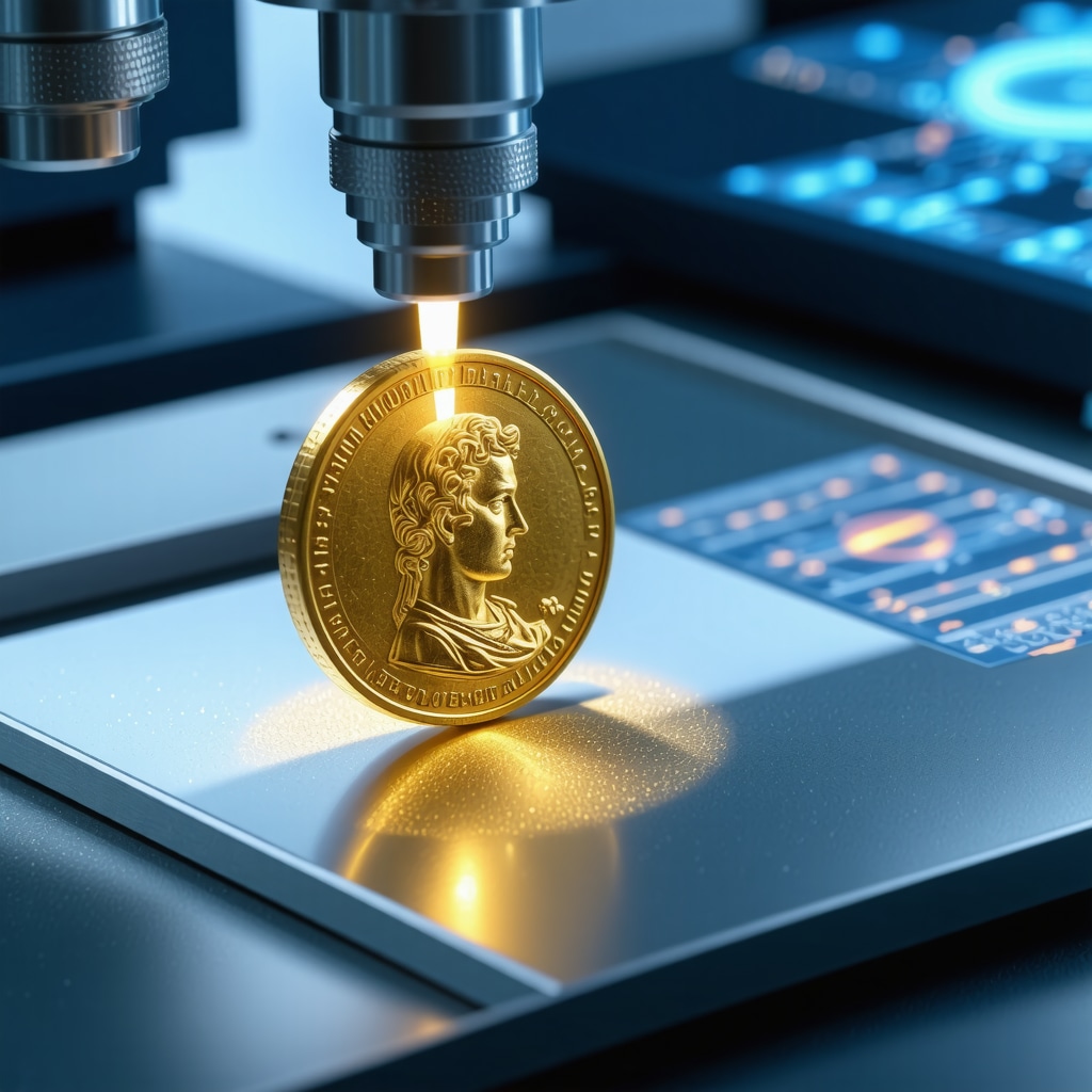 Laboratory equipment performing advanced analysis on a rare gold coin with digital and blockchain elements