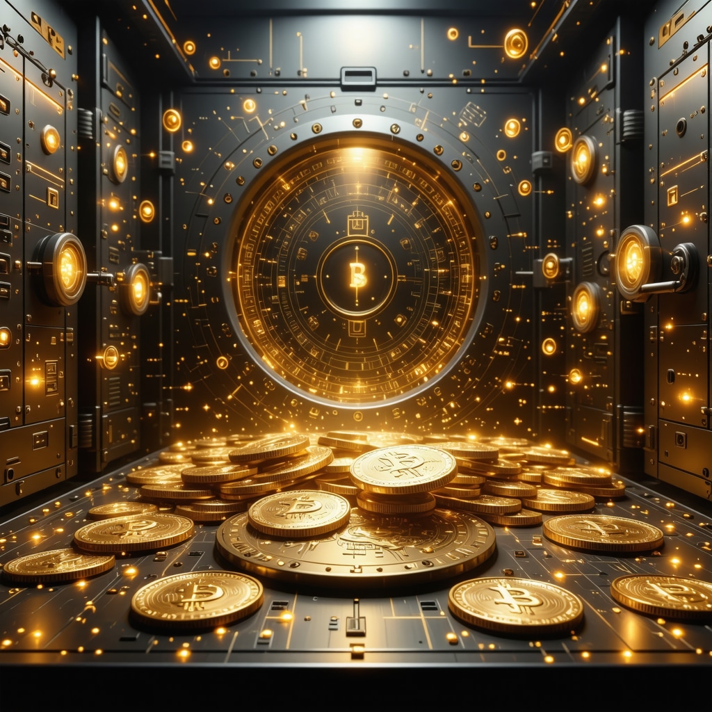 High-tech vault with biometric locks and quantum encryption securing gold coins with blockchain overlay
