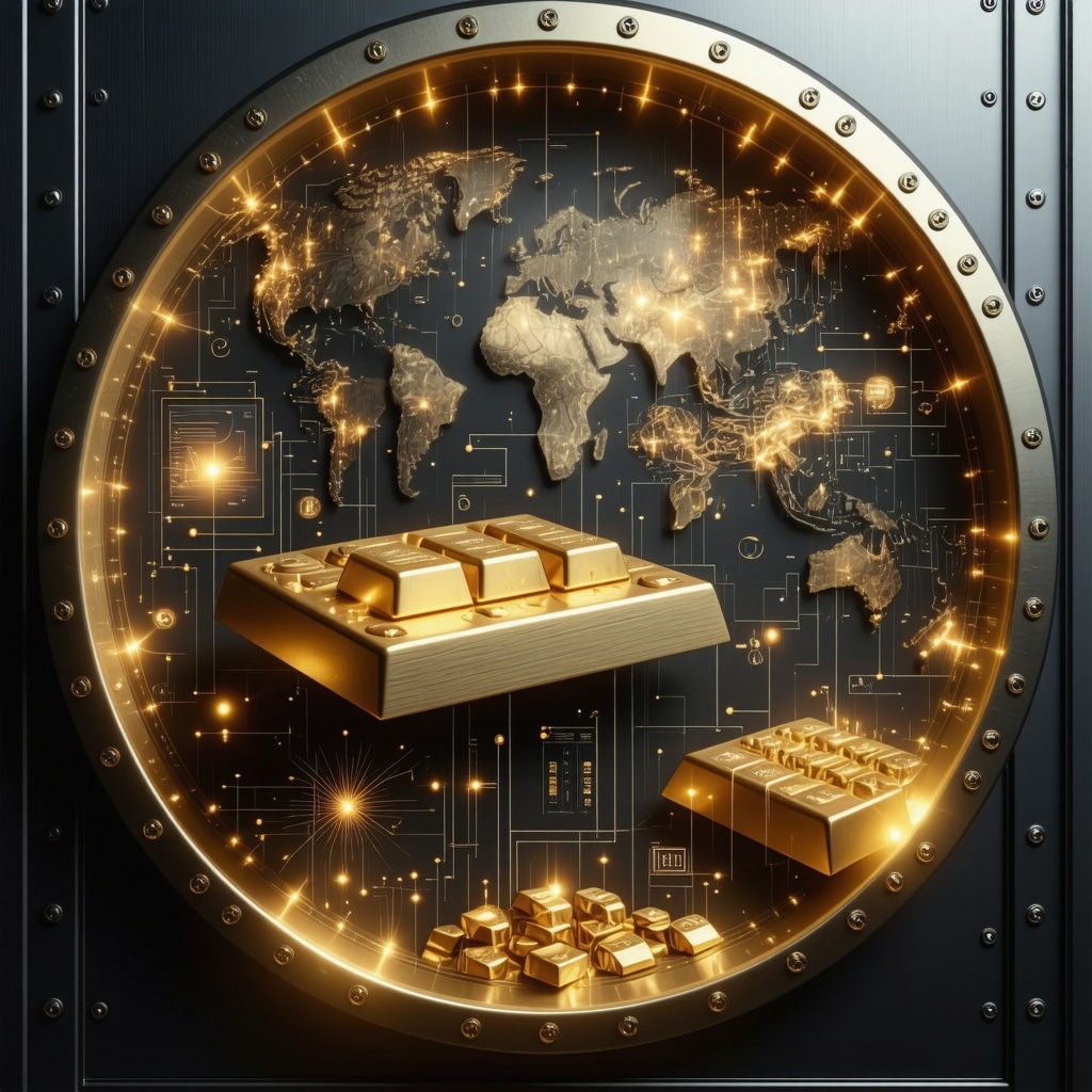 Digital vault displaying gold bars with blockchain and analytics overlays representing innovative gold custody solutions