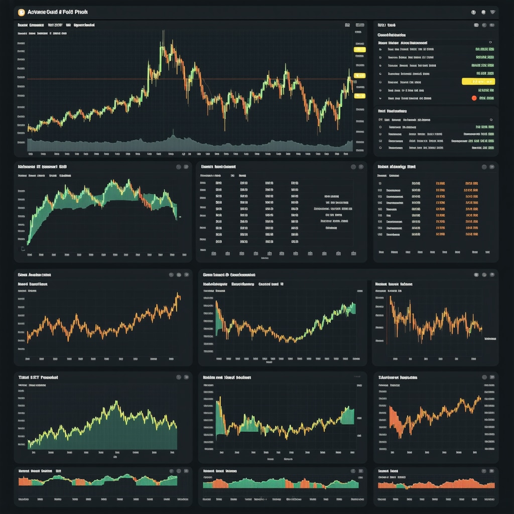 Digital dashboard showing gold price analytics, algorithmic trading data, and regulatory documents