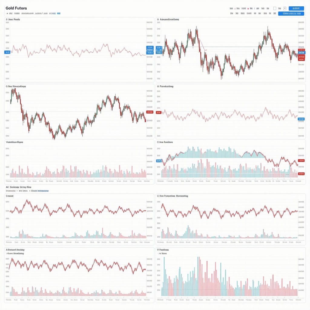 Financial dashboard showing gold futures charts, AI models, and volatility indicators