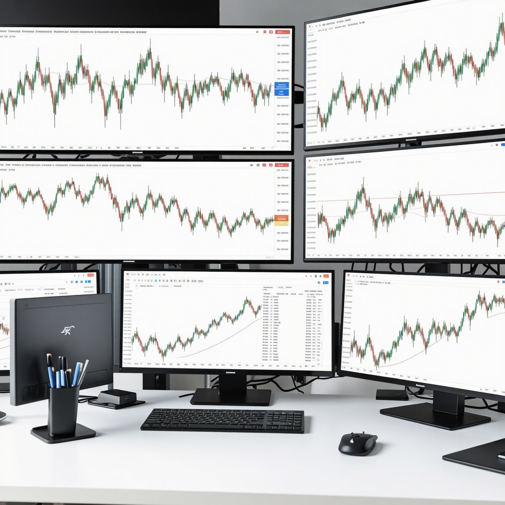 Trading desk with multiple screens displaying gold futures charts, macroeconomic data, and algorithmic trading codes