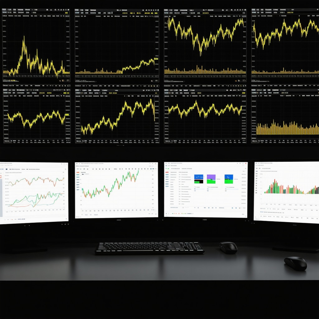 Trading desk with multiple monitors showing gold futures charts, volatility metrics, and sentiment analysis dashboards
