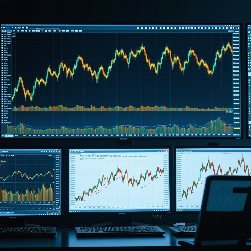 Digital trading screens showing gold futures price charts, algorithmic trading data, and sentiment analysis