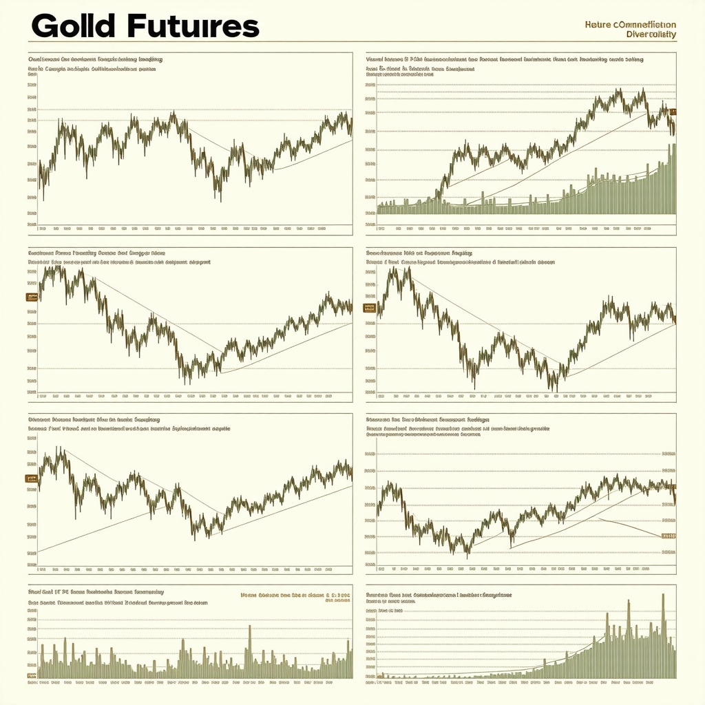 Infographic showing gold futures trading strategies with options hedging, volatility models, and portfolio diversification