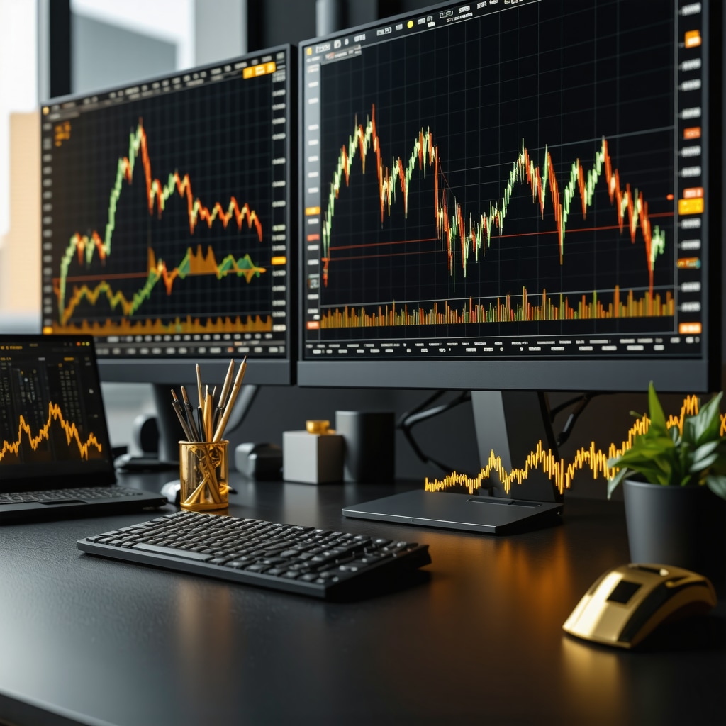 Trading screens showing gold futures charts, risk analysis graphs, and blockchain technology icons
