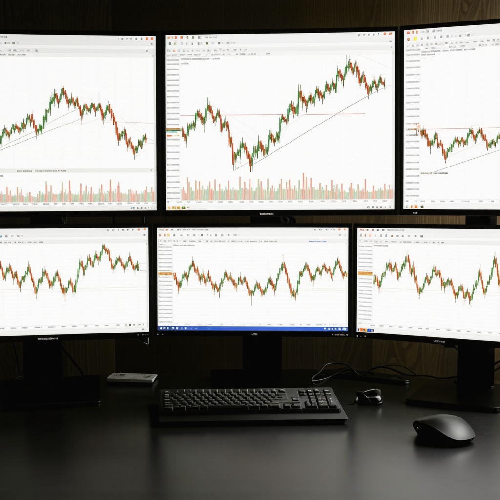 Multiple screens showing gold futures charts, technical indicators, and algorithmic trading in a professional trading environment