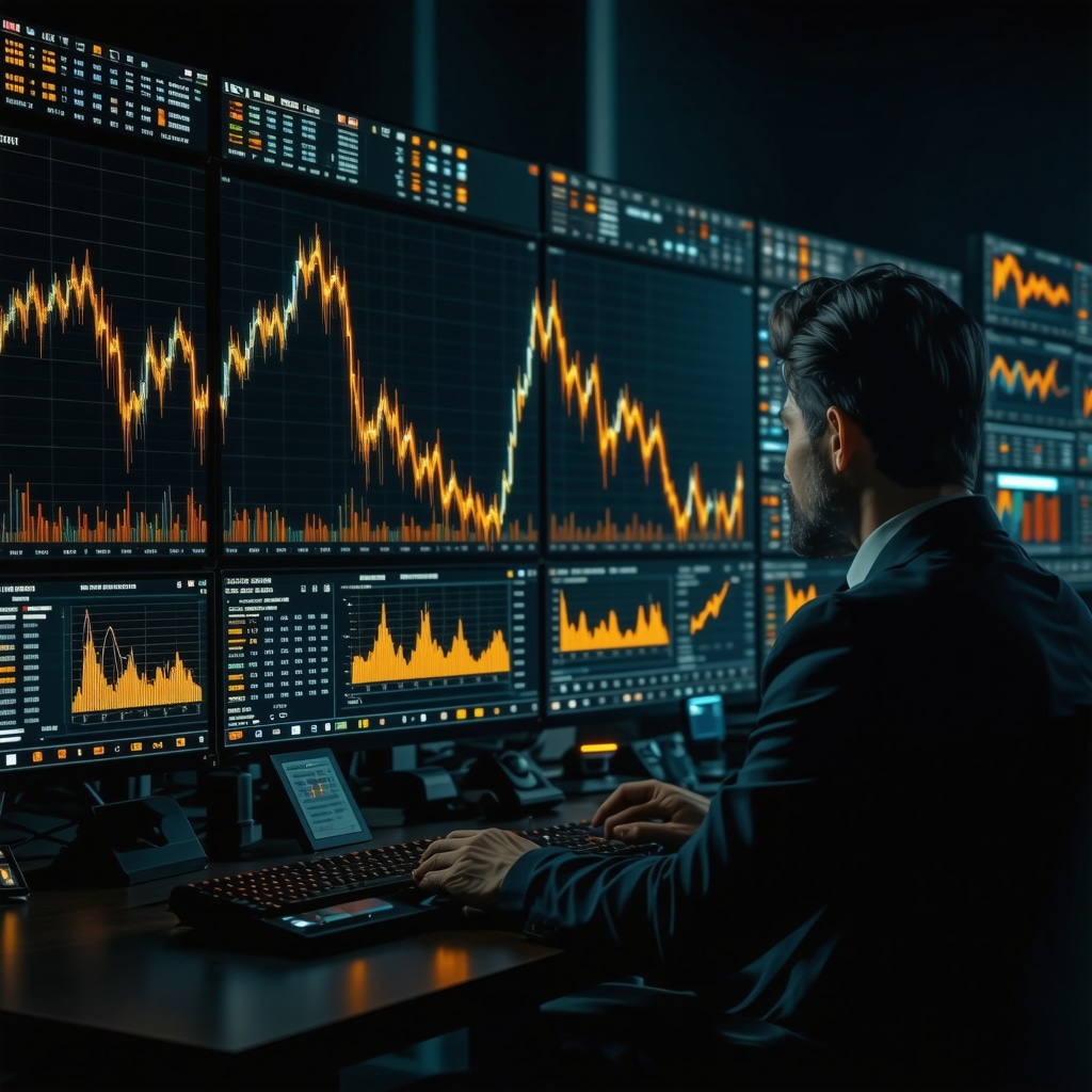 Trader analyzing gold futures charts with machine learning and alternative data analytics on screens