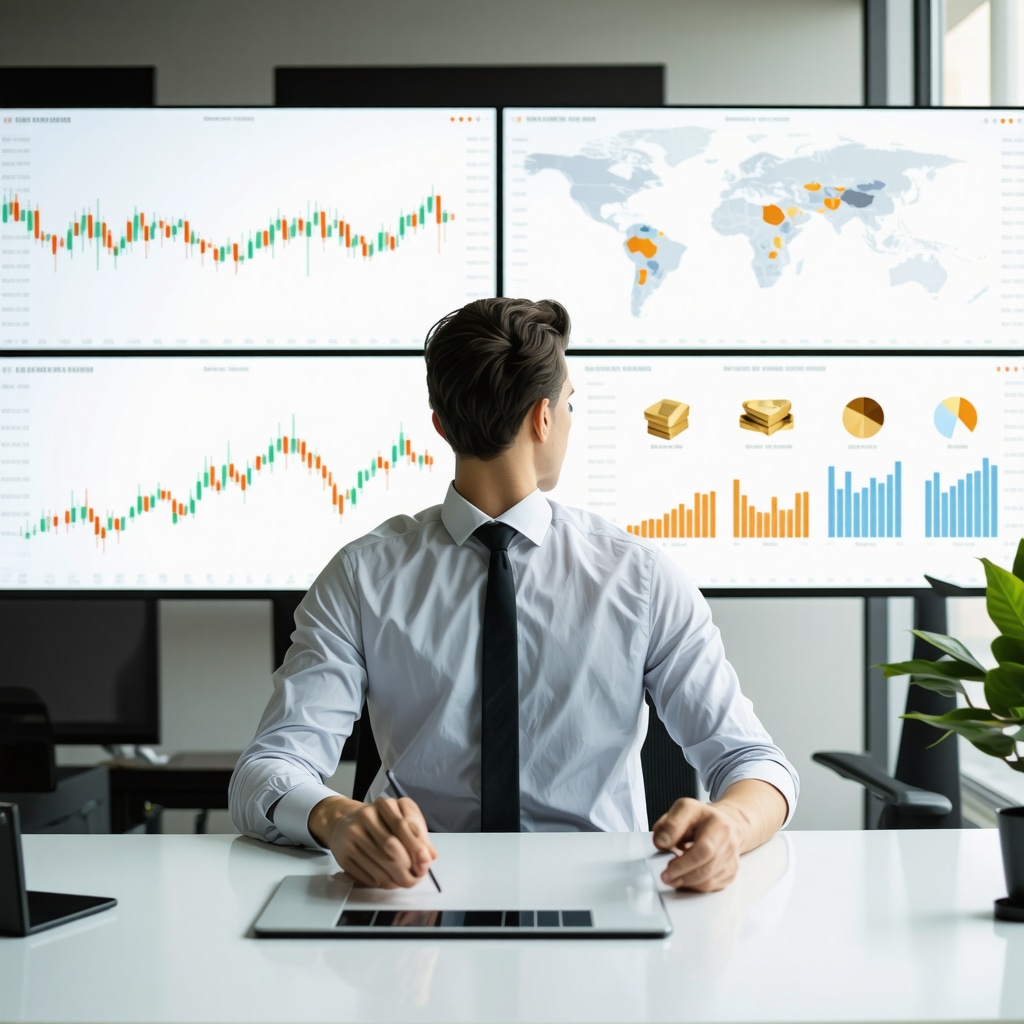 Investor reviewing gold price trends, geopolitical risks, and ESG factors on multiple screens