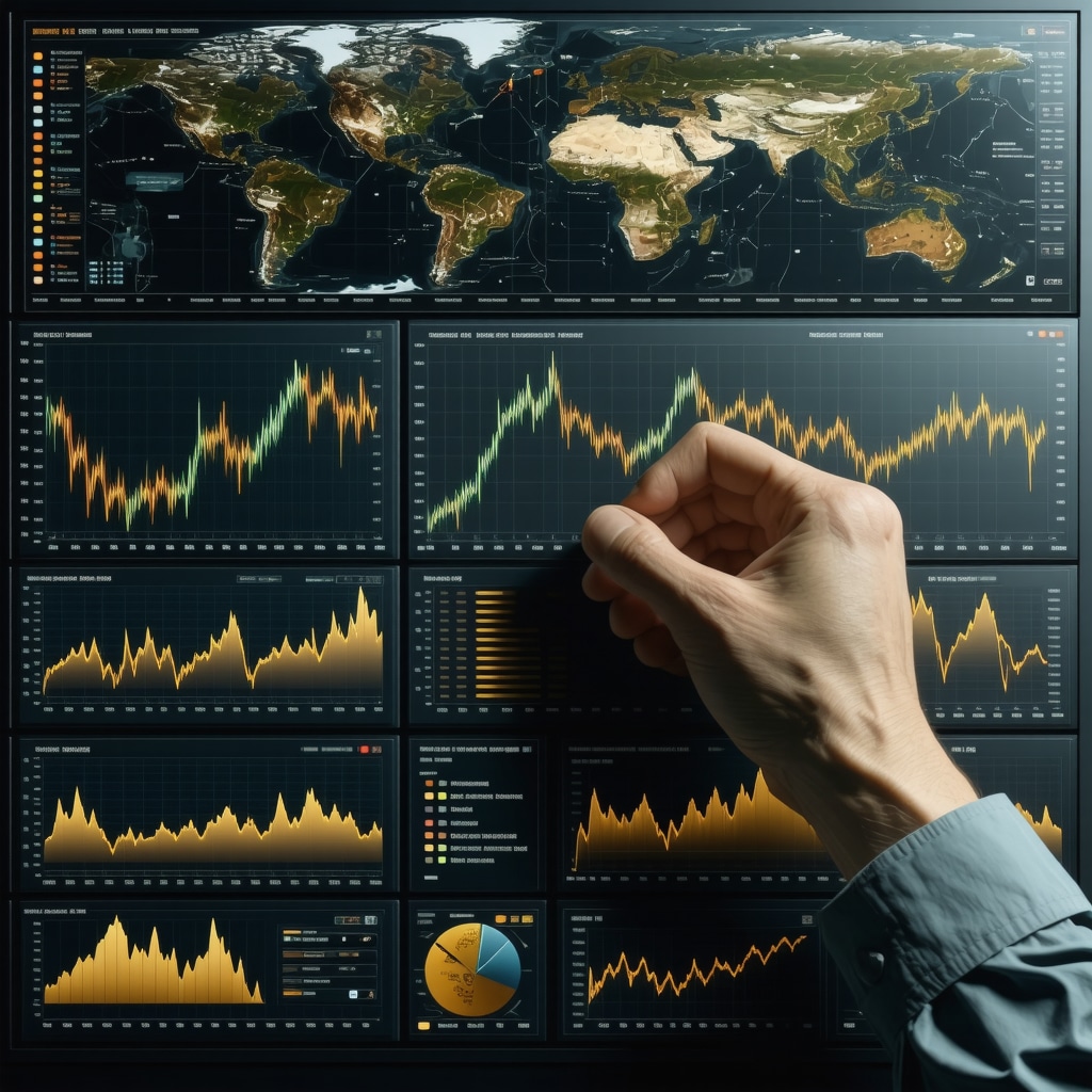 Digital dashboard showing real-time gold price, currency rates, satellite images of gold mines, and ESG scores