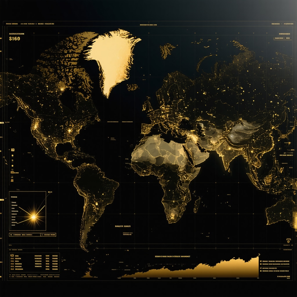 Futuristic digital interface combining gold price analytics, ESG data, and geopolitical risk visualization for 2029 gold market