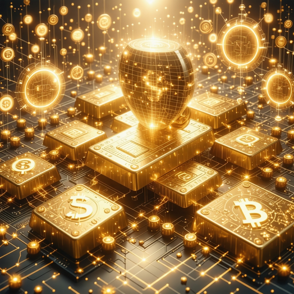 Digital illustration showing gold market data analytics with AI and blockchain elements