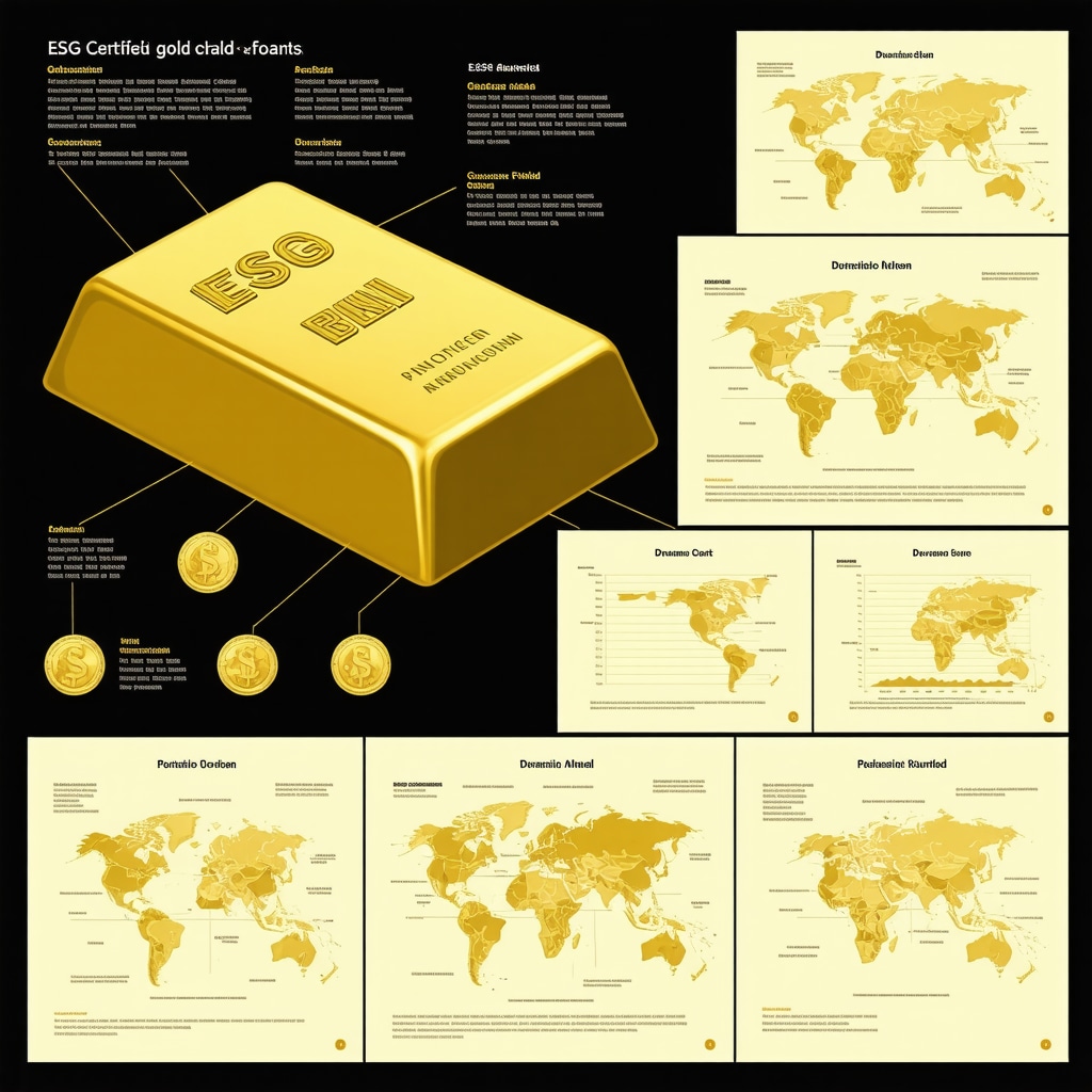 Infographic depicting ESG-certified gold, portfolio allocation graphs, and international tax documents related to gold investing