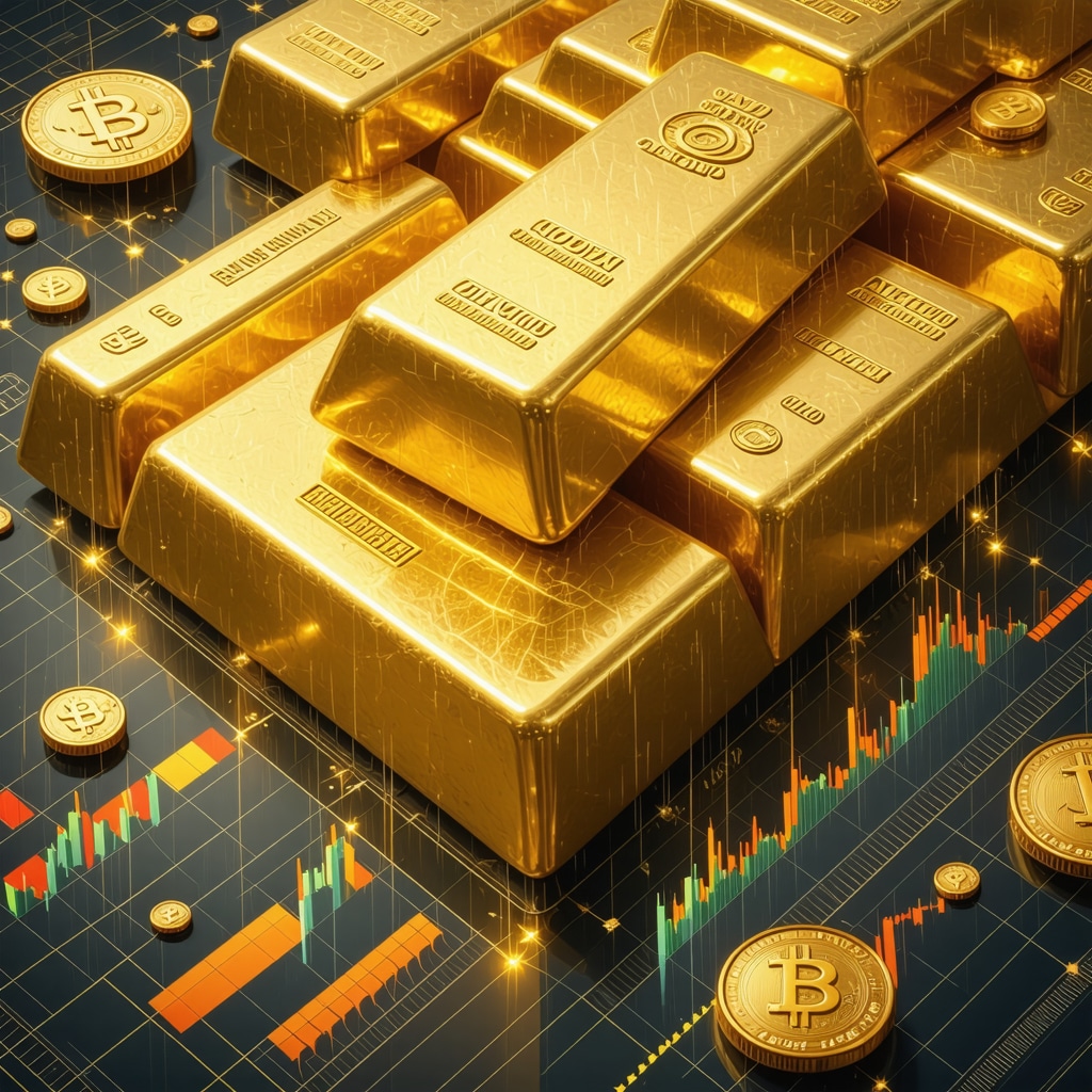 Composite image showing physical gold bars, digital blockchain tokens, and financial market analytics