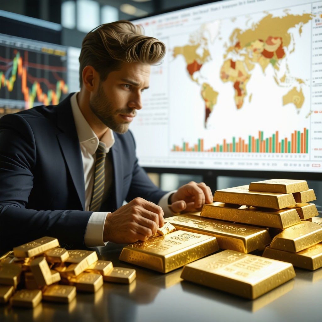 Investor analyzing physical gold bars with digital gold futures and market trend charts for 2029 investment