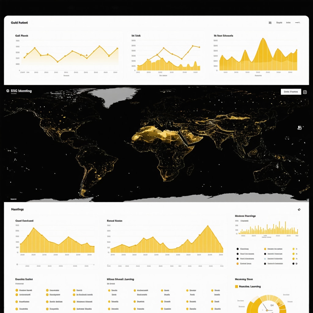 Digital dashboard displaying gold market analytics with ESG metrics and predictive modeling