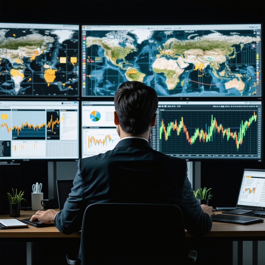 Financial analyst analyzing gold market supply chain data and geopolitical risk charts