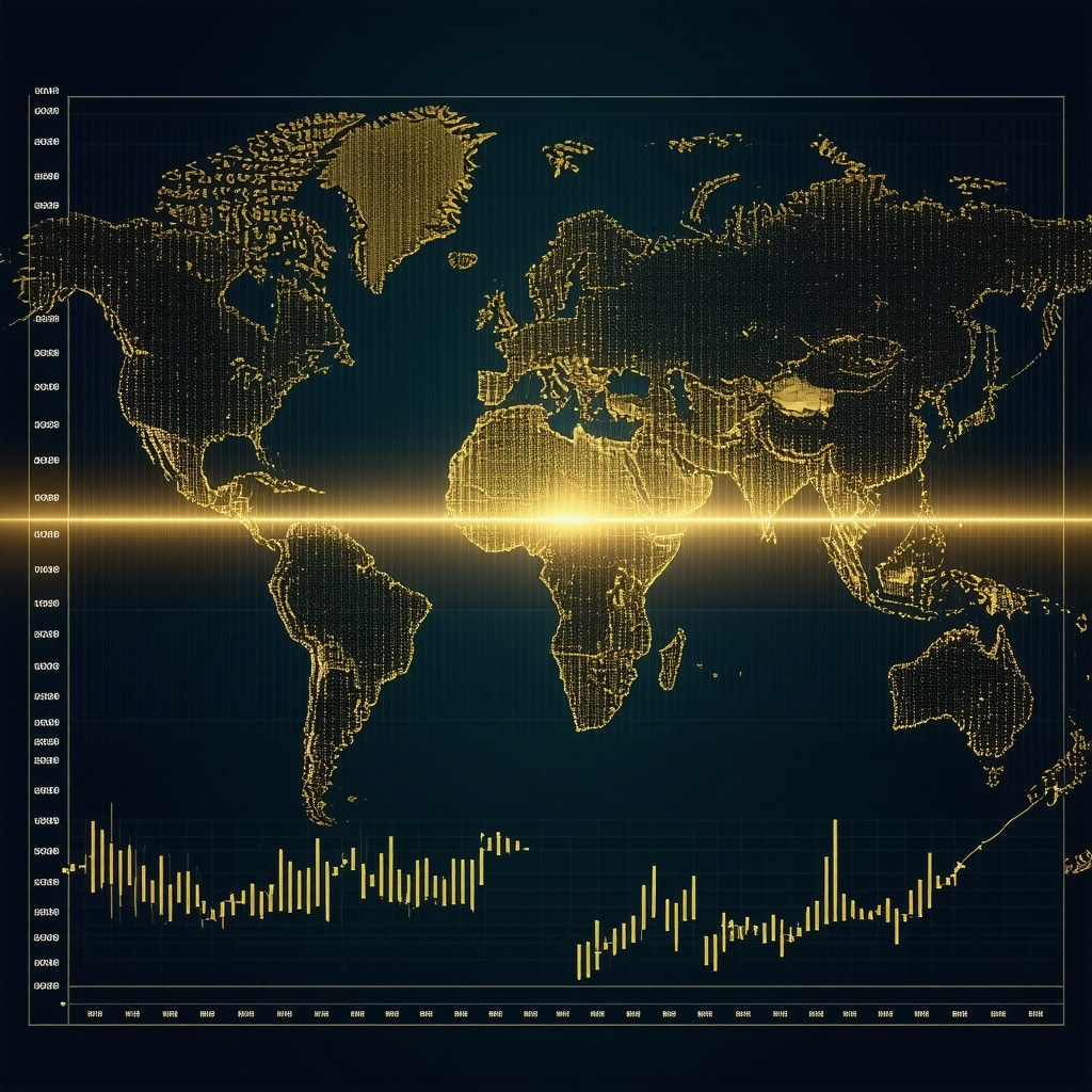 Digital graphic showing gold price influences from central banks, investor psychology, currencies, and blockchain technology