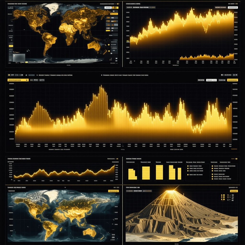 Futuristic dashboard showing gold price charts, sentiment analysis, AI data, and mining satellite images