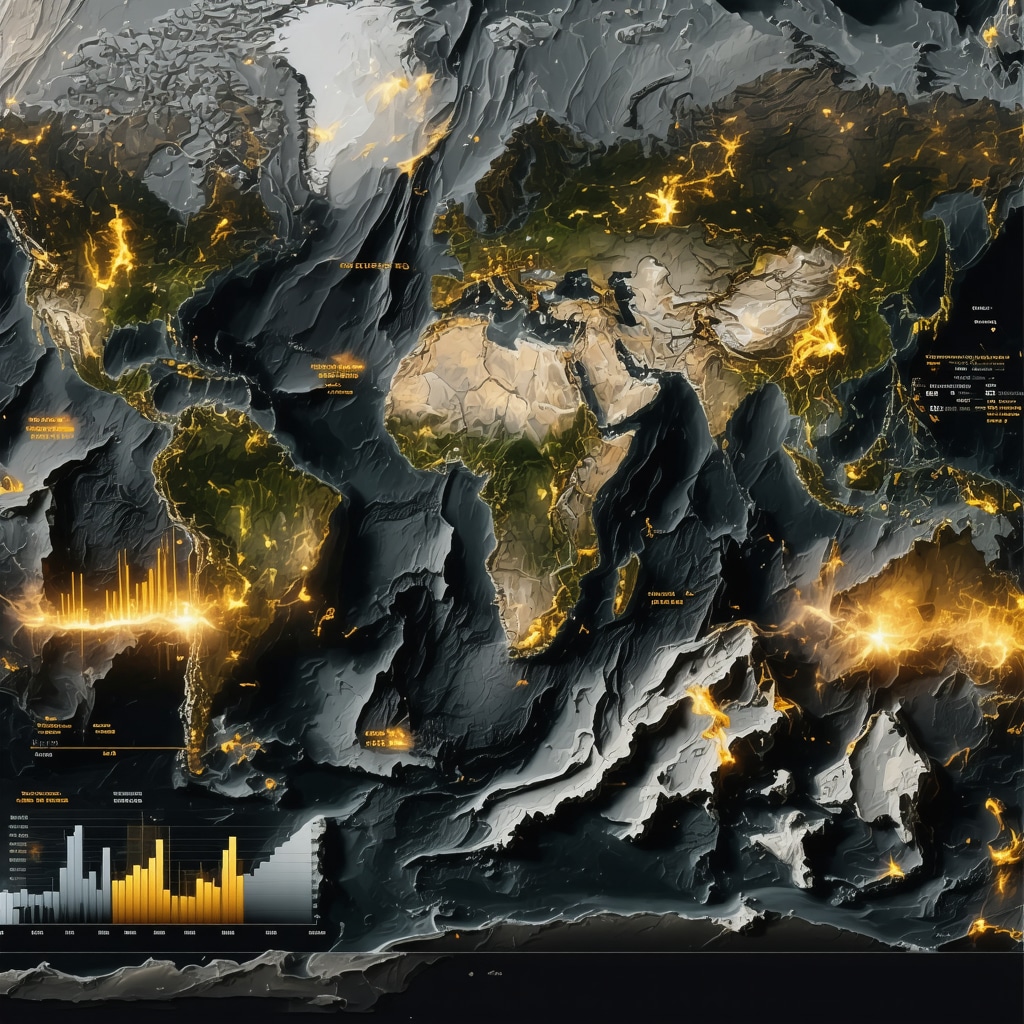 Digital visualization combining gold mining site, AI data charts, and geopolitical risk maps