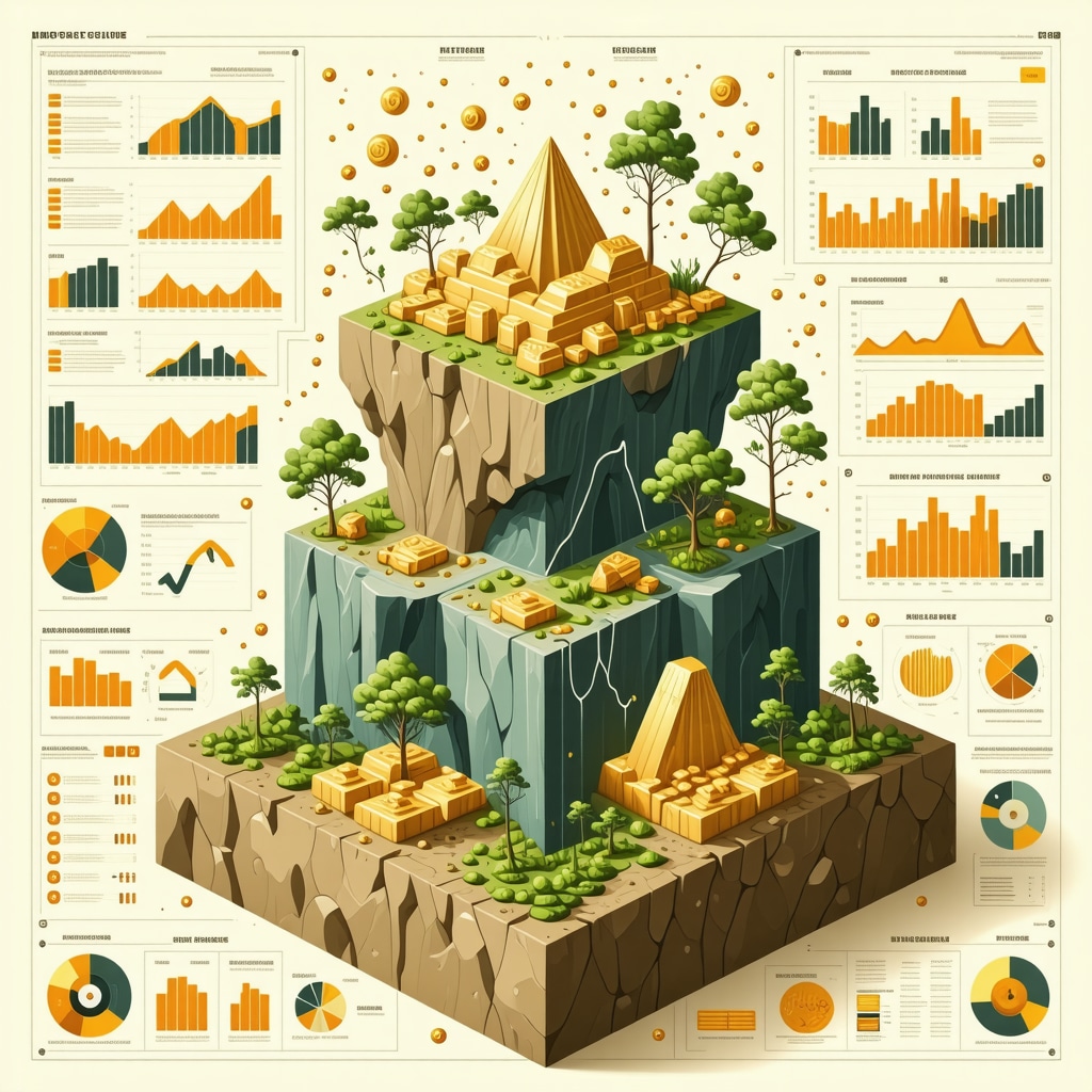 Infographic depicting advanced strategies for investing in gold stocks including risk management, derivatives, geological technology, and portfolio diversification