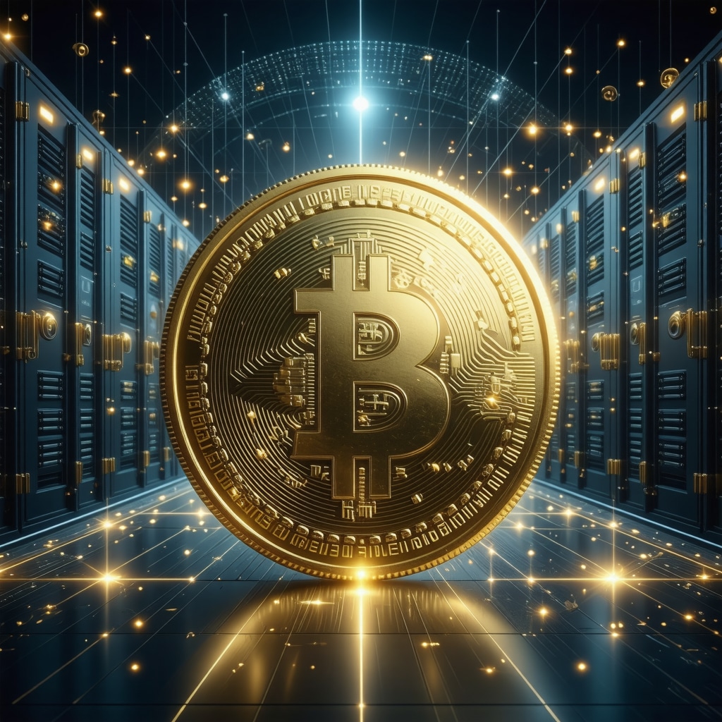 Digital illustration of gold coin with blockchain and secure vaults, symbolizing innovative gold storage solutions