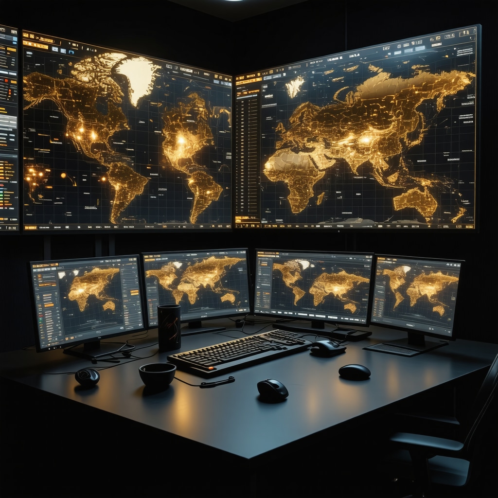 Trading desk with screens showing gold price charts, AI analytics, and global geopolitical data for gold trading