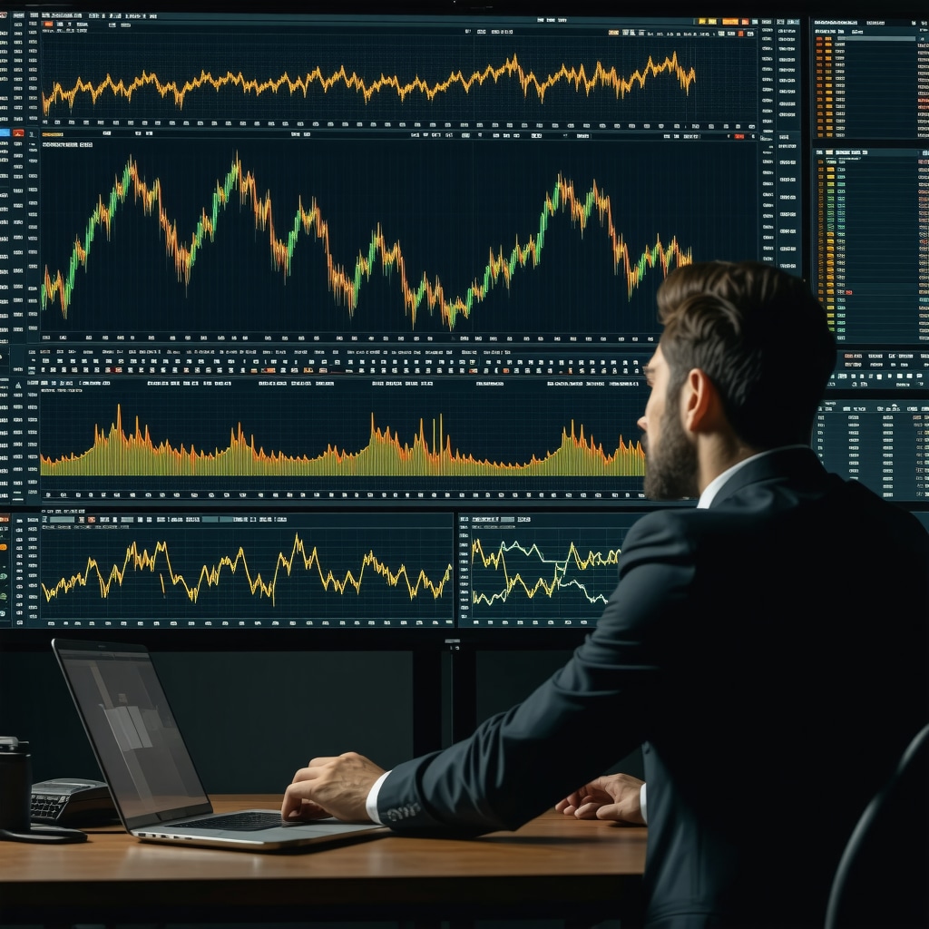 Trader analyzing gold price charts alongside sentiment analysis and behavioral finance data on digital screens
