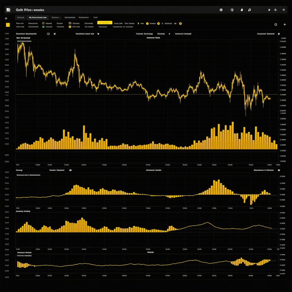 Digital dashboard showing gold price charts combined with machine learning models and sentiment data visualizations