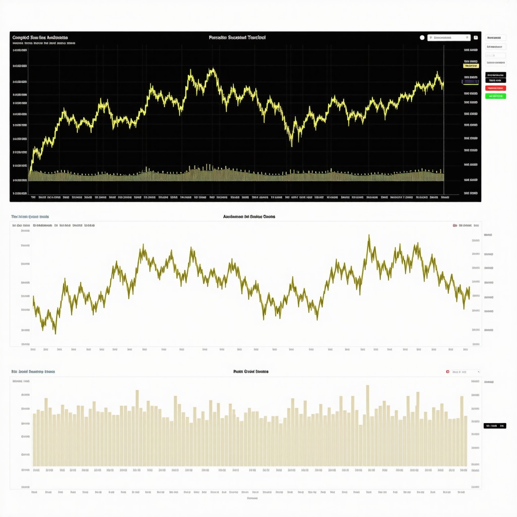 Digital dashboard showing gold price charts, algorithmic indicators, geopolitical news, and portfolio graphs